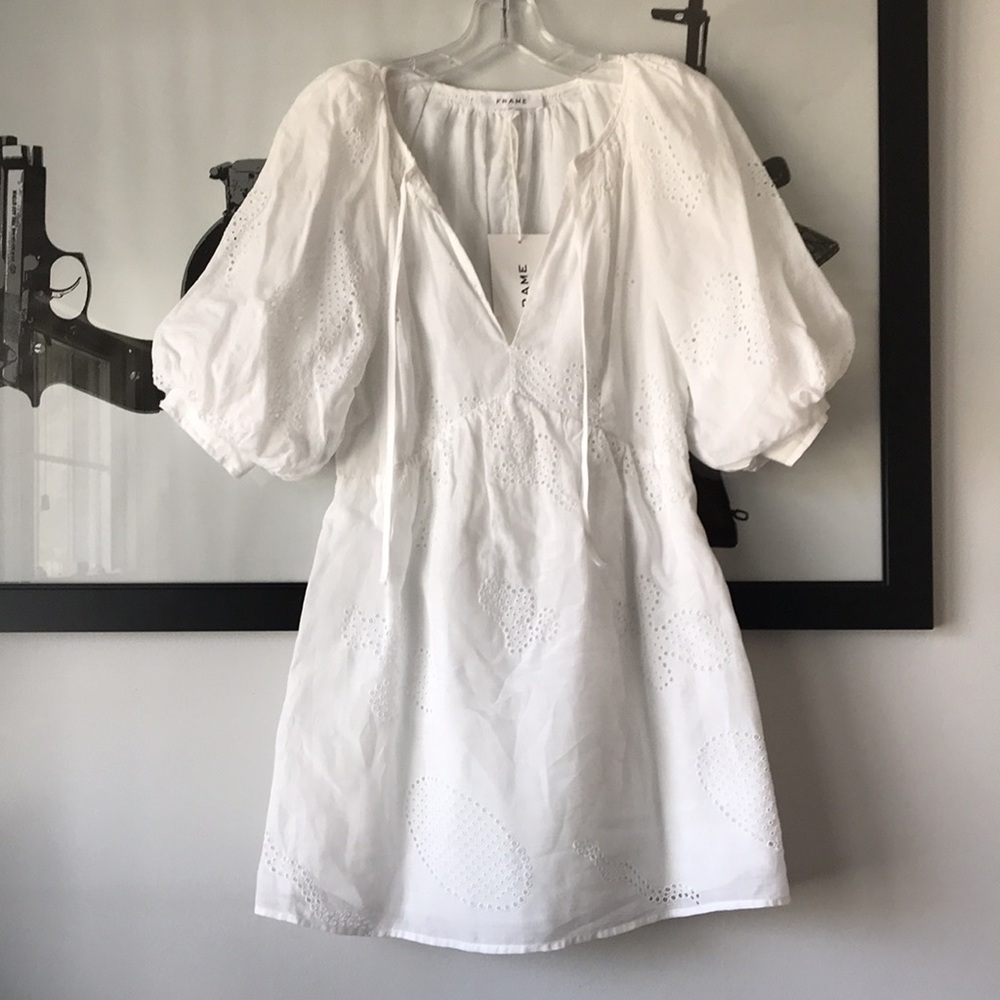 FRAME Eyelet Puff Sleeve Mini Dress XS New